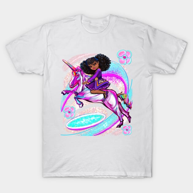 Princess for a black girls who loves unicorns pony Anime girl Natural Afro hair corn rows african American girl riding a pony unicorn T-Shirt by Artonmytee